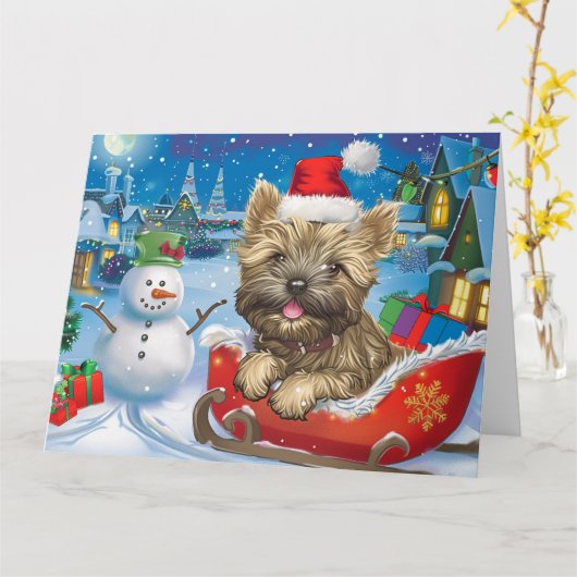 Cairn Terrier Hond in Sleigh Sneeuw Kerstmis Kaart (Gele Bloem)