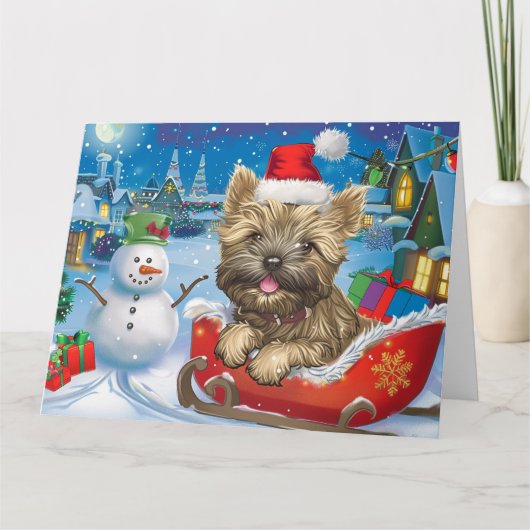 Cairn Terrier Hond in Sleigh Sneeuw Kerstmis Kaart (Voorkant)