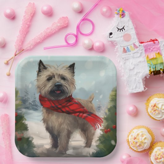 Cairn Terrier Hond in Sneeuw Kerstmis Papieren Bordje (Feest)
