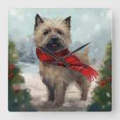 Cairn Terrier Hond in Sneeuw Kerstmis Vierkante Klok (Voorkant)