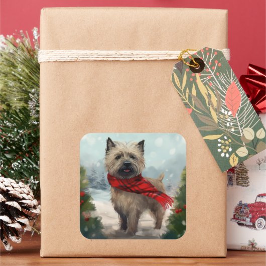 Cairn Terrier Hond in Sneeuw Kerstmis Vierkante Sticker (Feestdagen)
