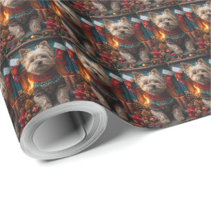 Cairn Terrier-hond met kerstcadeaus bij de open ha Cadeaupapier