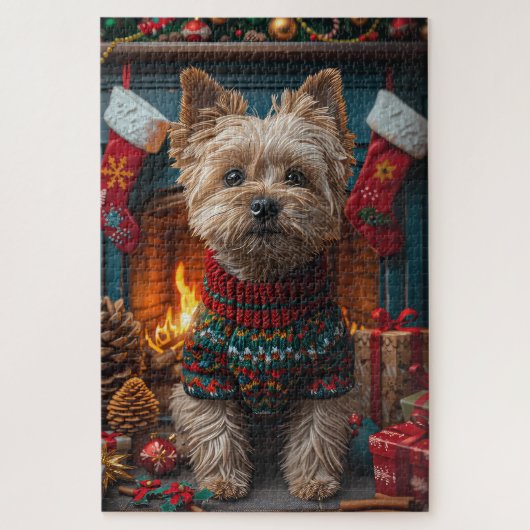 Cairn Terrier-hond met kerstcadeaus bij de open ha Legpuzzel (Verticaal)
