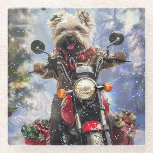 Cairn Terrier Hond Rijden Motorfiets Kerstmis Glazen Onderzetter (Voorkant)