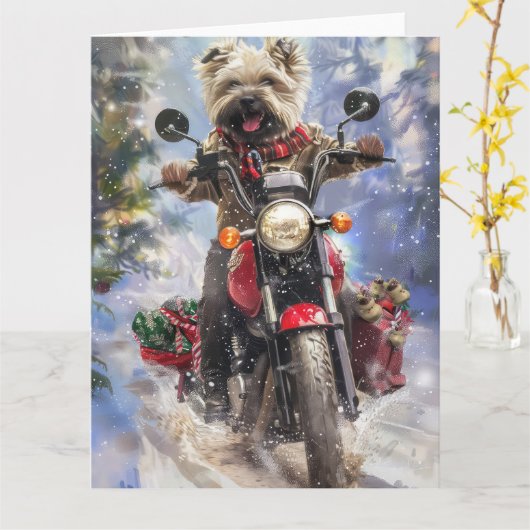 Cairn Terrier Hond Rijden Motorfiets Kerstmis Kaart (Gele Bloem)