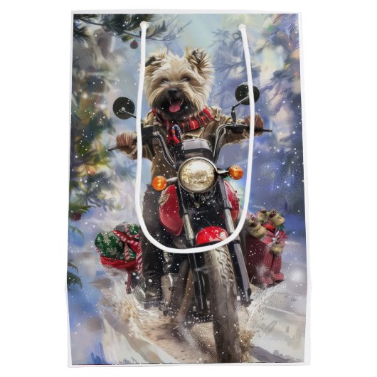 Cairn Terrier Hond Rijden Motorfiets Kerstmis Medium Cadeauzakje (Achterkant)