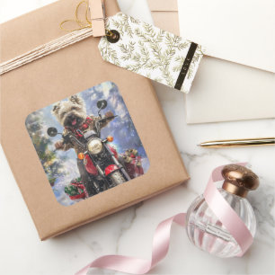 Cairn Terrier-hond rijdt op motorfiets met Kerstmi Vierkante Sticker