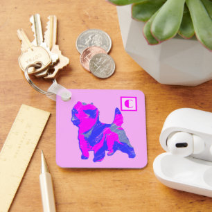 Cairn Terrier Hond Roze & Blauw Silhouet Monogram Sleutelhanger
