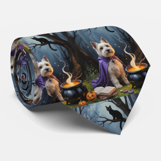 Cairn Terrier-hond Whimsical Halloween-schilderij Stropdas (Opgerold)