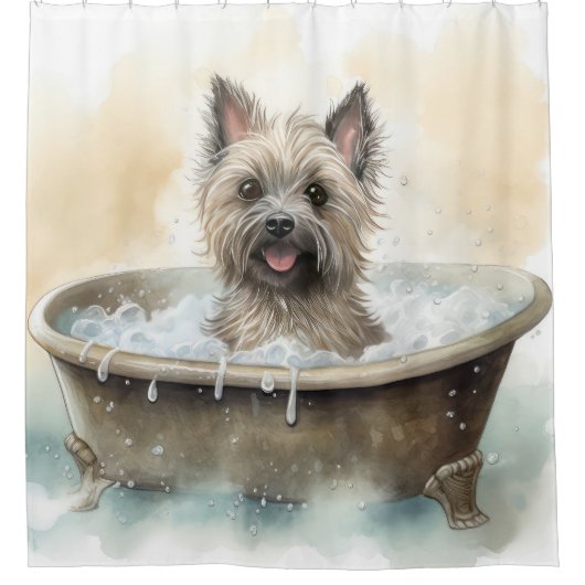 Cairn Terrier In Badkuip Waterverf Hondenkunst Douchegordijn (Voorkant)