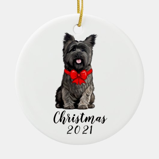 Cairn Terrier in Kerstlint Datum Aanpasbaar Keramisch Ornament (Voorkant)