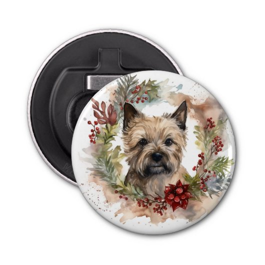 Cairn Terrier Kerstkrans Feestelijke Pup Button Flesopener (Voorkant)