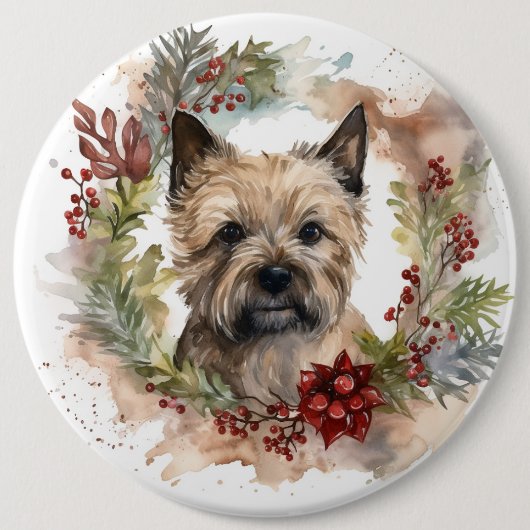 Cairn Terrier Kerstkrans Feestelijke Pup Ronde Button 6,0 Cm (Voorkant)