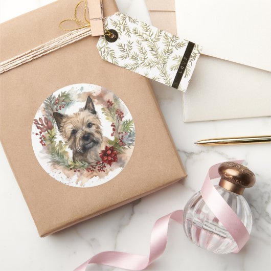 Cairn Terrier Kerstkrans Feestelijke Pup Ronde Sticker (Geschenken)