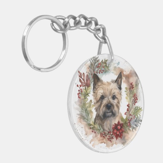 Cairn Terrier Kerstkrans Feestelijke Pup Sleutelhanger (Voorkant Links)