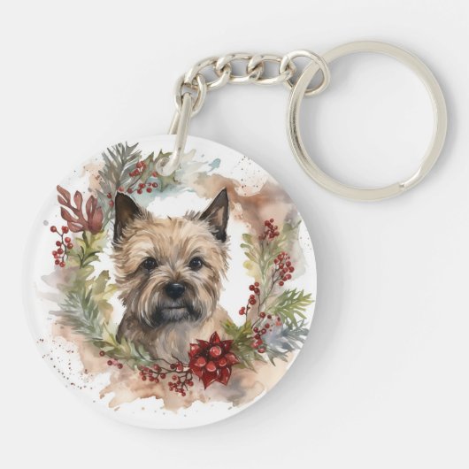 Cairn Terrier Kerstkrans Feestelijke Pup Sleutelhanger (Achterkant)