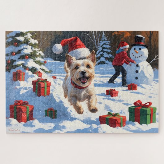 Cairn Terrier loopt in de sneeuw met kerst Pet Legpuzzel (Horizontaal)