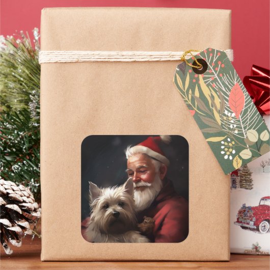 Cairn Terrier Met Sinterklaas Festieve Kerstmis Vierkante Sticker (Feestdagen)
