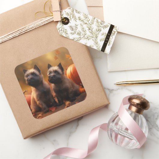 Cairn Terrier Puppy Herfst Delight Pompoen Vierkante Sticker (Geschenken)