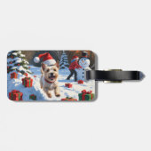Cairn Terrier Rent in de Sneeuw met Kerstmuts Bagagelabel (Achterkant horizontaal)