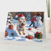 Cairn Terrier Rent in de Sneeuw met Kerstmuts Kaart (Voorkant)