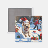 Cairn Terrier Rent in de Sneeuw met Kerstmuts Magneet (Voorkant / Achterkant)