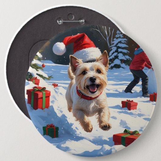 Cairn Terrier Rent in de Sneeuw met Kerstmuts Ronde Button 6,0 Cm (Voorkant /achterkant)