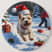 Cairn Terrier Rent in de Sneeuw met Kerstmuts Ronde Button 6,0 Cm (Voorkant)