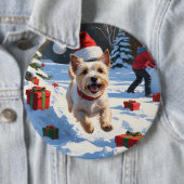 Cairn Terrier Rent in de Sneeuw met Kerstmuts Ronde Button 6,0 Cm (In situ)