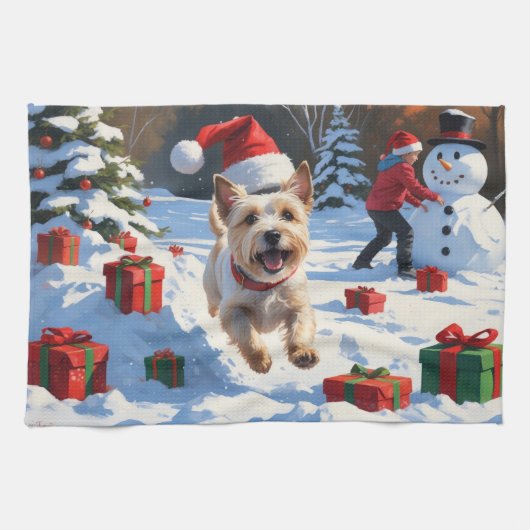 Cairn Terrier Rent in de Sneeuw met Kerstmuts Theedoek (Horizontaal)