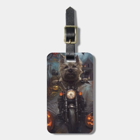 Cairn Terrier Rijden Motorfiets Halloween Eng Bagagelabel (Voorkant verticaal)
