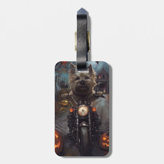 Cairn Terrier Rijden Motorfiets Halloween Eng Bagagelabel (Achterkant verticaal)