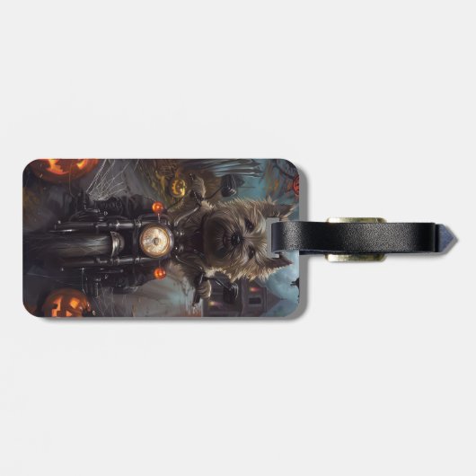 Cairn Terrier Rijden Motorfiets Halloween Eng Bagagelabel (Achterkant horizontaal)