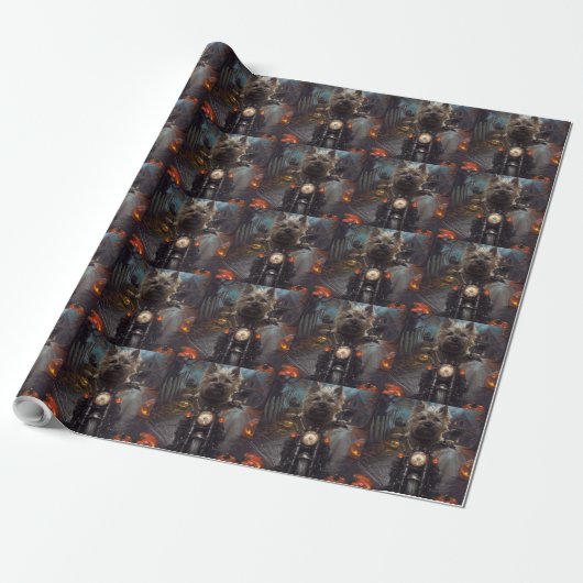 Cairn Terrier Rijden Motorfiets Halloween Eng Cadeaupapier (Uitgerold)