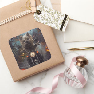 Cairn Terrier Rijden Motorfiets Halloween Eng Vierkante Sticker