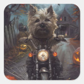 Cairn Terrier Rijden Motorfiets Halloween Eng Vierkante Sticker (Voorkant)