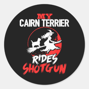 Cairn Terrier Rijdt Shotgun Halloween Honden Manne Ronde Sticker