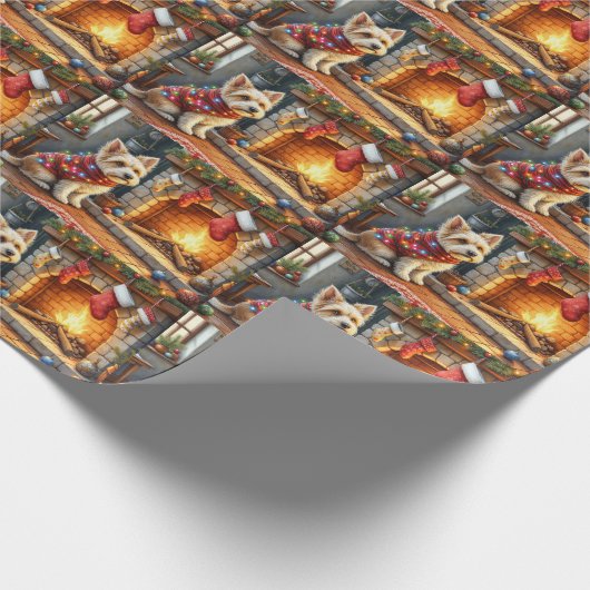 Cairn Terrier Sitting Fireplace Christmas Lights Cadeaupapier (Hoek)