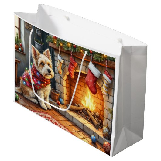 Cairn Terrier Sitting Fireplace Christmas Lights Groot Cadeauzakje (Voorkant Gekanteld)