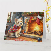 Cairn Terrier Sitting Fireplace Christmas Lights Kaart (Gele Bloem)
