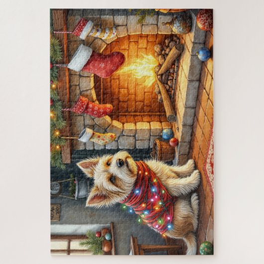 Cairn Terrier Sitting Fireplace Christmas Lights Legpuzzel (Verticaal)