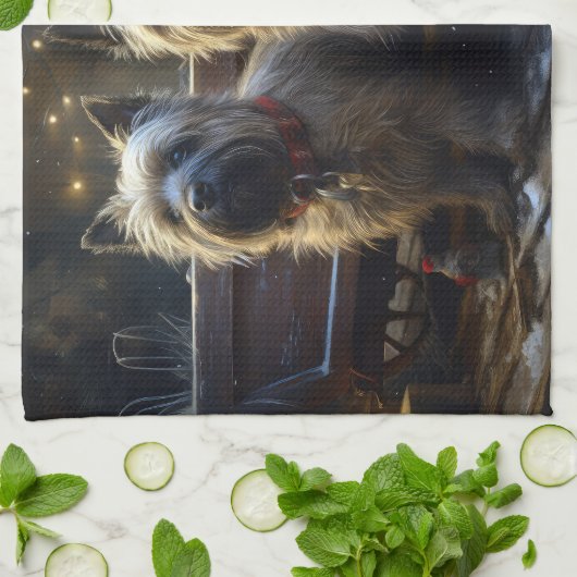 Cairn Terrier Snowy Sleigh Kerst Decor Theedoek (Gevouwen)