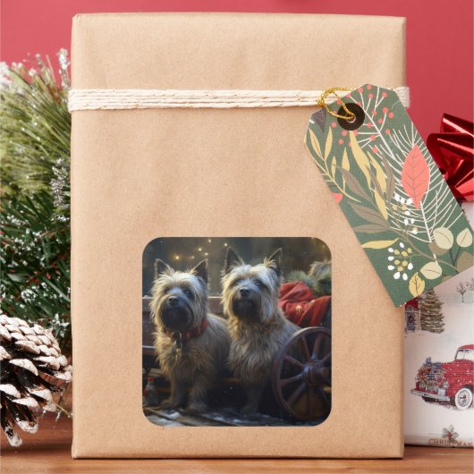 Cairn Terrier Snowy Sleigh Kerst Decor Vierkante Sticker (Feestdagen)