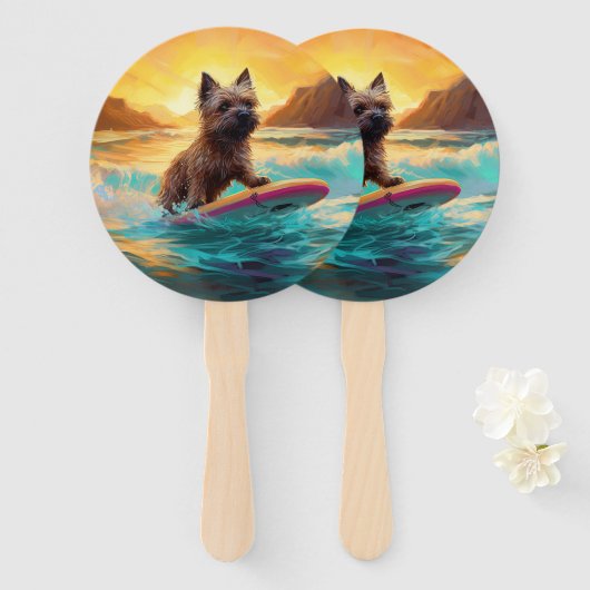 Cairn Terrier Strand Surfen Schilderij Handwaaier (Voorkant en achterkant)