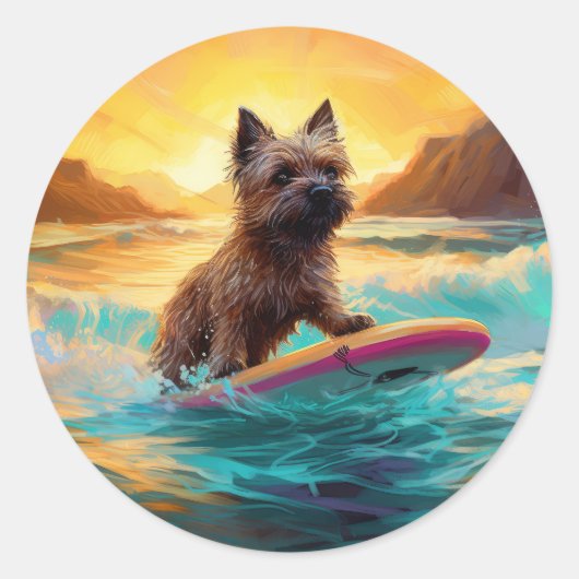 Cairn Terrier Strand Surfen Schilderij Ronde Sticker (Voorkant)