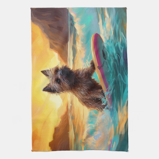 Cairn Terrier Strand Surfen Schilderij Theedoek (Verticaal)