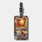 Cairn Terrier zittend bij open haard Kerstverlicht Bagagelabel (Voorkant verticaal)