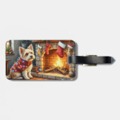 Cairn Terrier zittend bij open haard Kerstverlicht Bagagelabel (Achterkant horizontaal)