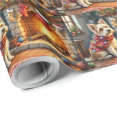 Cairn Terrier zittend bij open haard Kerstverlicht Cadeaupapier (Rol Hoek)