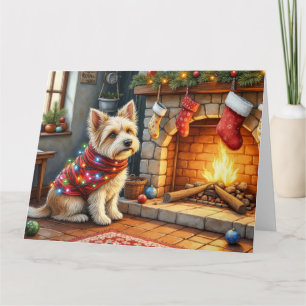Cairn Terrier zittend bij open haard Kerstverlicht Kaart